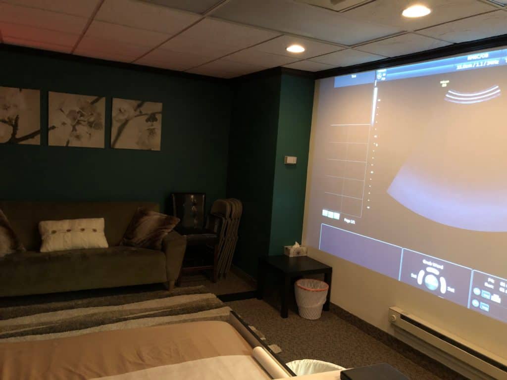 The theater screen in our scan room.