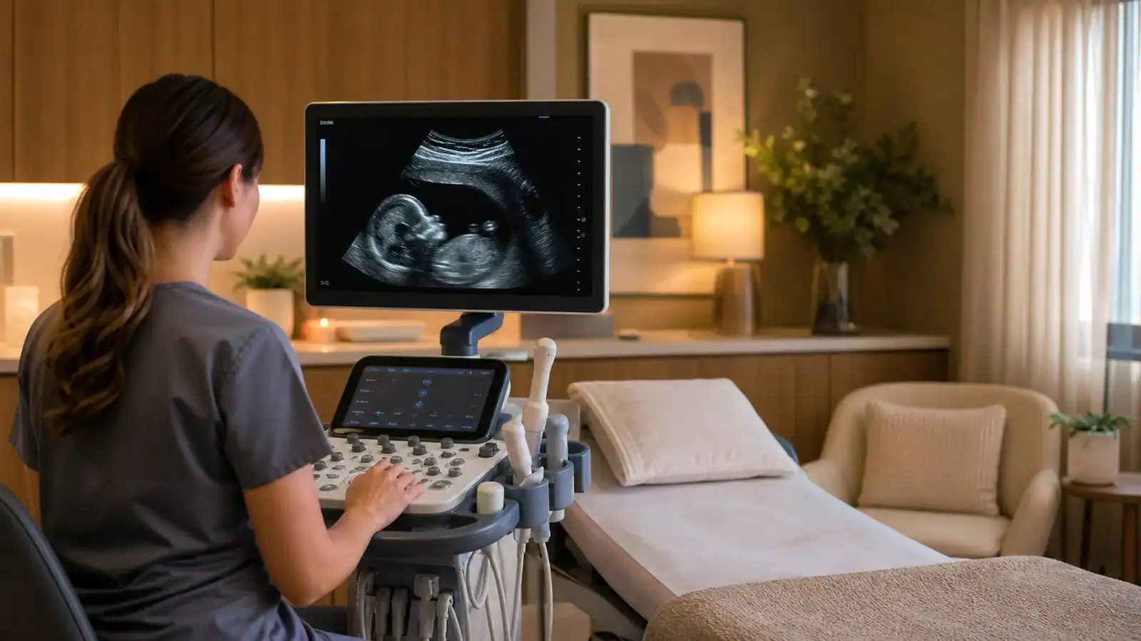 RDMS-trained ultrasound tech in a warm, professional prenatal ultrasound room
